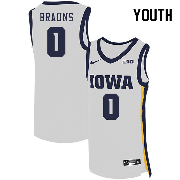 Youth #0 Even Brauns Iowa Hawkeyes College Basketball Jerseys Stitched Sale-White
